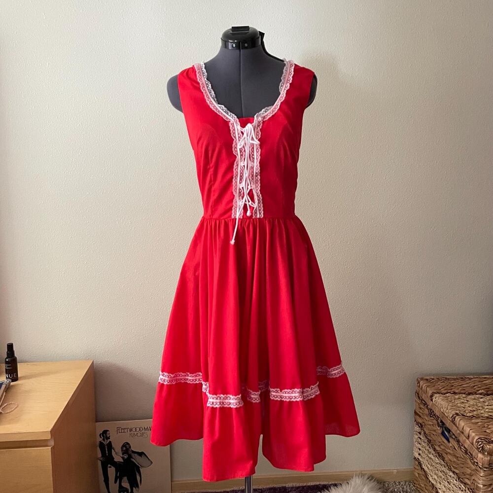 70's vtg red prairie cottage core dress lace up milkmaid square dancing Jeri Bee